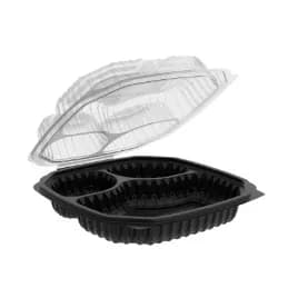 Take-Out Container Hinged 10.5X9.5 IN 3 Compartment Black Microwave Safe 120/Case