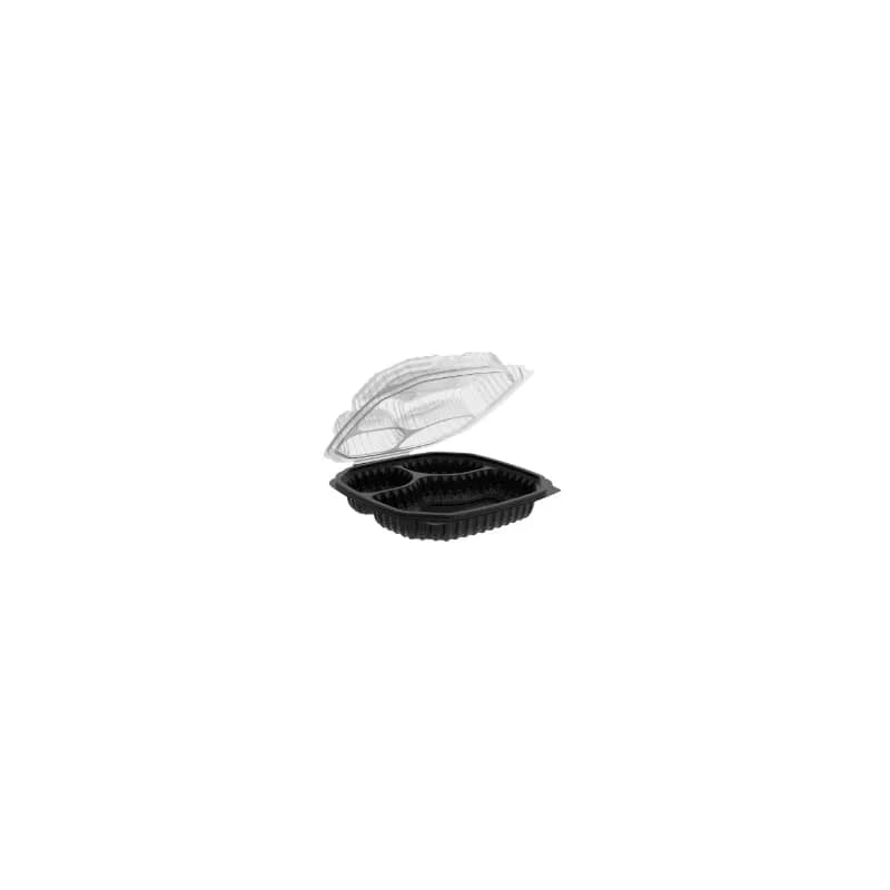Take-Out Container Hinged 10.5X9.5 IN 3 Compartment Black Microwave Safe 120/Case