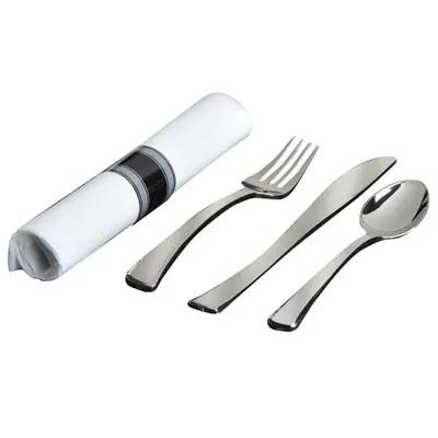GlimmerWare 4PC Cutlery Kit Plastic Silver Pre-Rolled With Napkin,Fork,Knife,Teaspoon 100/Case