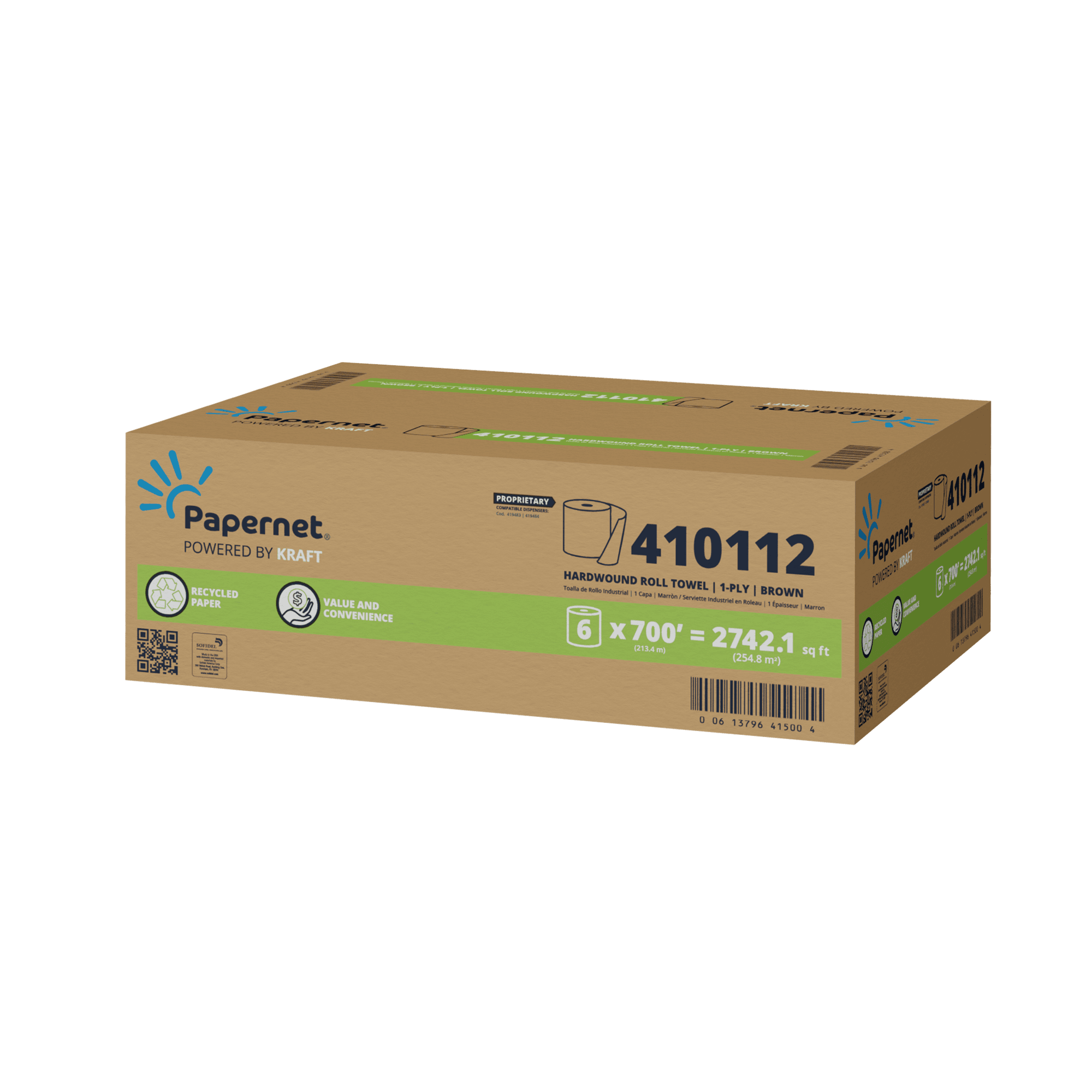 Papernet Roll Paper Towel 700 FT Brown Hardwound 7.52IN Roll 1.73IN Core Diameter 6 Rolls/Case