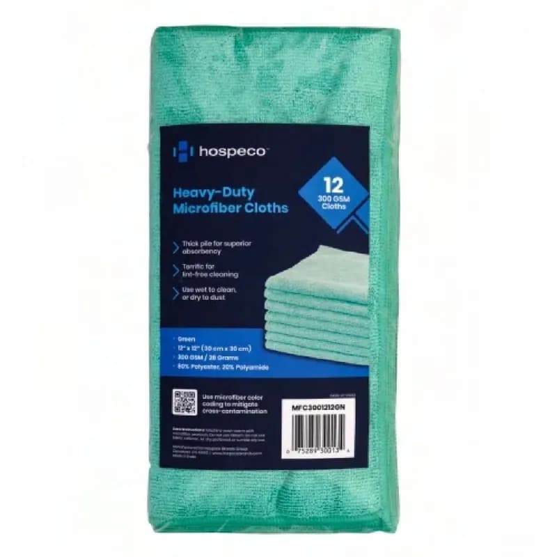 HOSPECO® Cleaning Cloth 12X12 IN Microfiber Green Heavy Duty 300 GSM 12 Count/Bag 20 Bags/Case