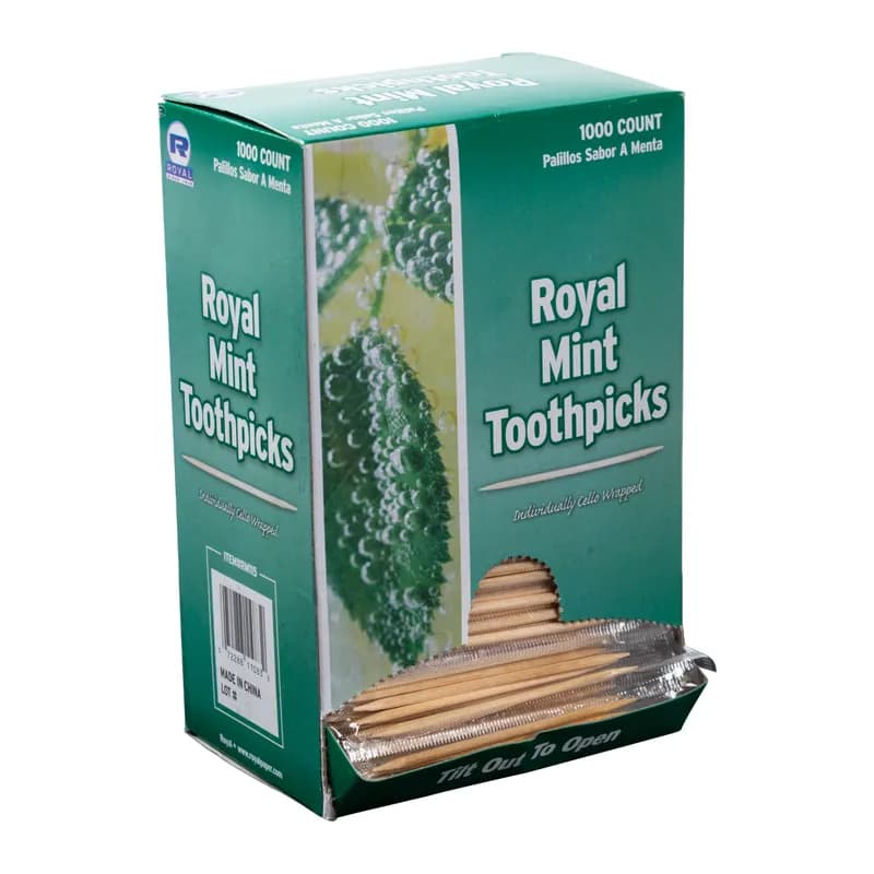 Toothpick 2.55 IN Wood Round Mint Cello Wrapped 1000 Count/Pack 15 Packs/Case 15000 Count/Case