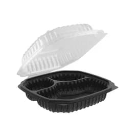 Culinary Lites Take-Out Container Hinged 8X8 IN 3 Compartment PP Black Clear Square Microwave Safe Anti-Fog 200/Case
