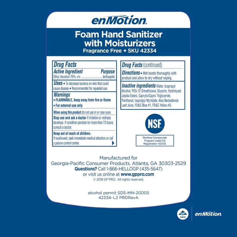 enMotion® Hand Sanitizer Foam 1000 mL Unscented Fragrance Free Green Refill E3 Rated 2/Case