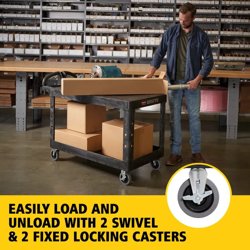 Brute® Utility Cart Large 54.00X25.25X39.00 IN 750 LB Black Plastic Flat Shelf Ergonomic Handle 5 IN TPR Caster 1/Each