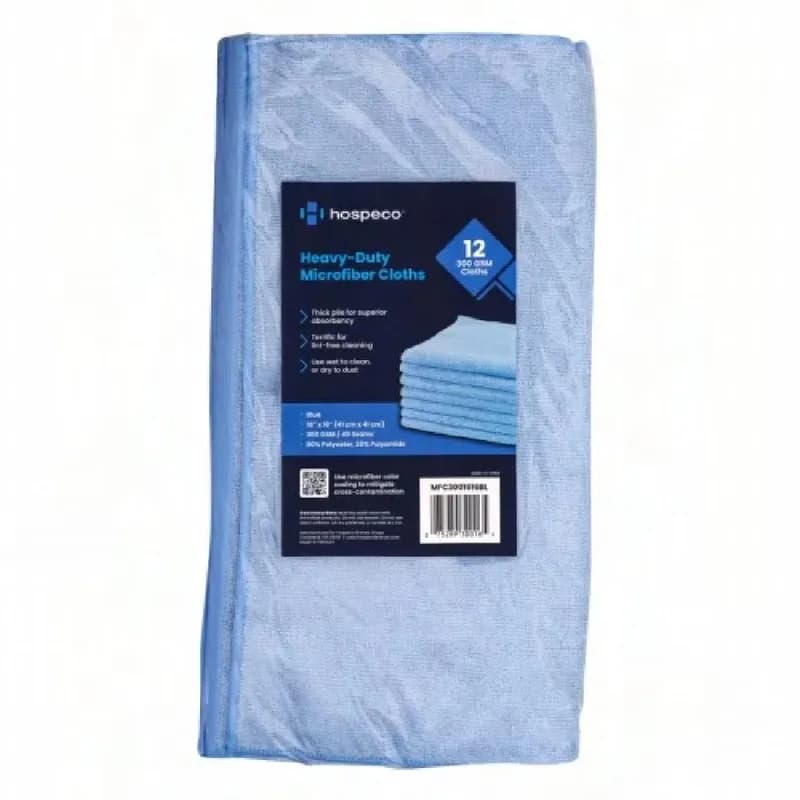 HOSPECO® Cleaning Cloth 16X16 IN Microfiber (80% Polyester, 20% Polyamide) Blue Heavy Duty 300 GSM 12/Pack