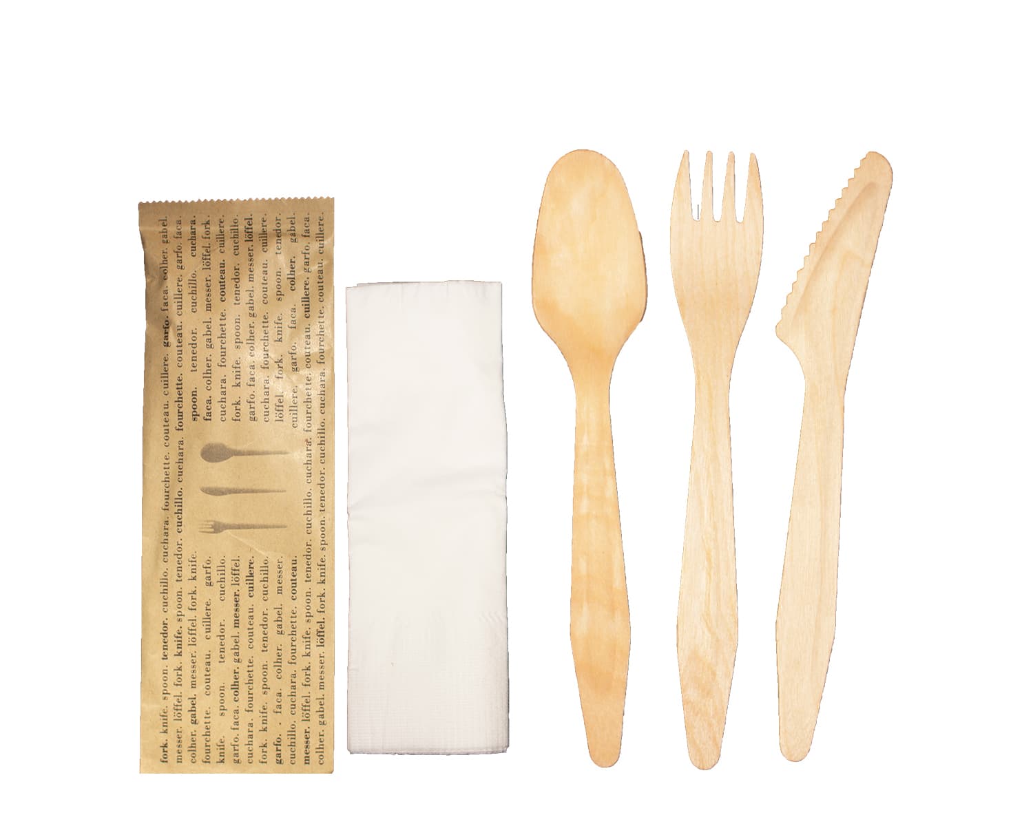 4PC Cutlery Kit Wood With Napkin,Fork,Knife,Spoon 300/Case