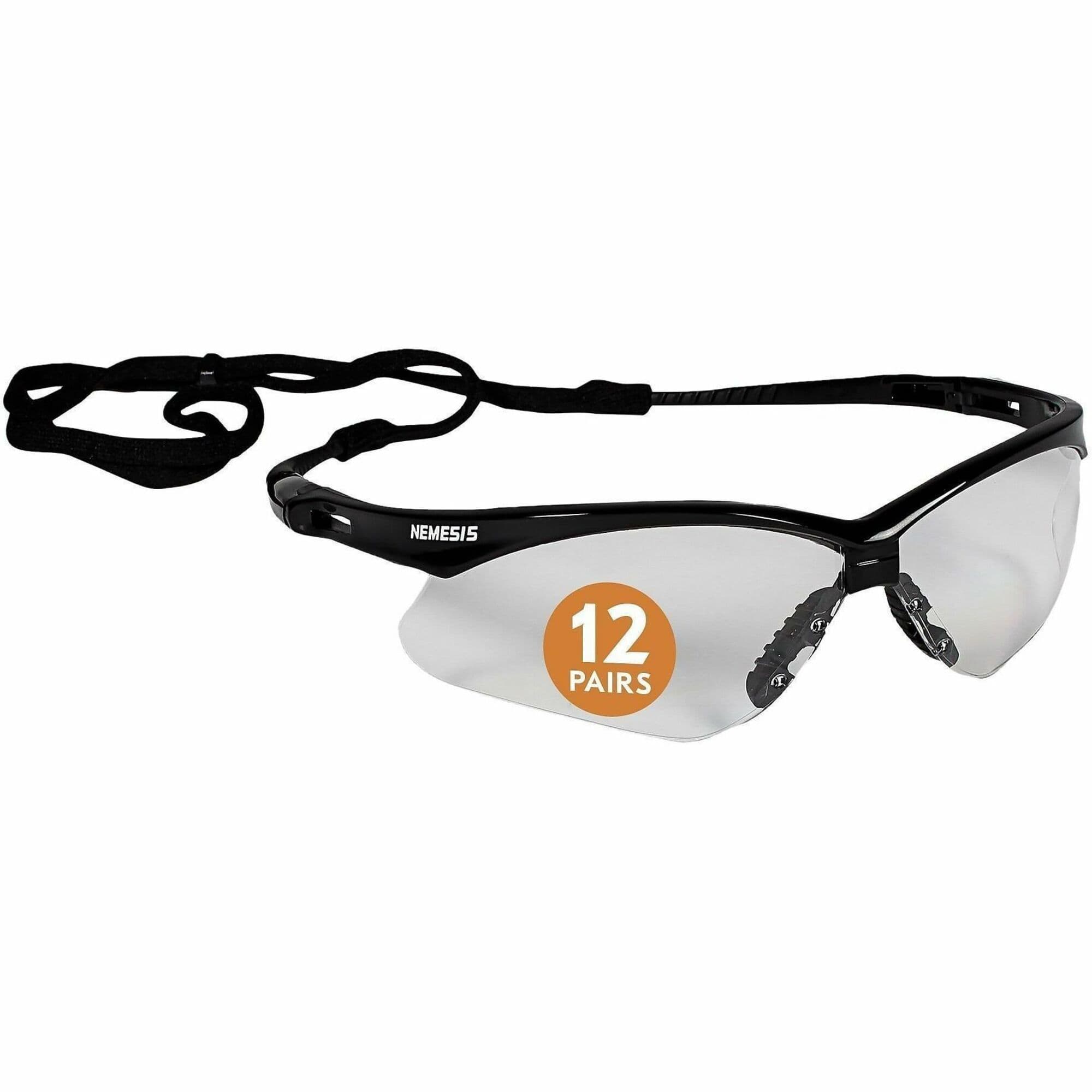Nemesis V30 Safety Glasses OS Lightweight Polycarbonate Nylon With Black Frame Clear Lens With Neck Cord 12 Ct/Box