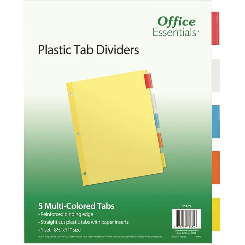 Avery® Index Tabs 8.5X11 IN Buff Plastic Paper 3-Hole Insertable Reinforced Edges With 5 Multicolor Tabs 5 Count/Pack