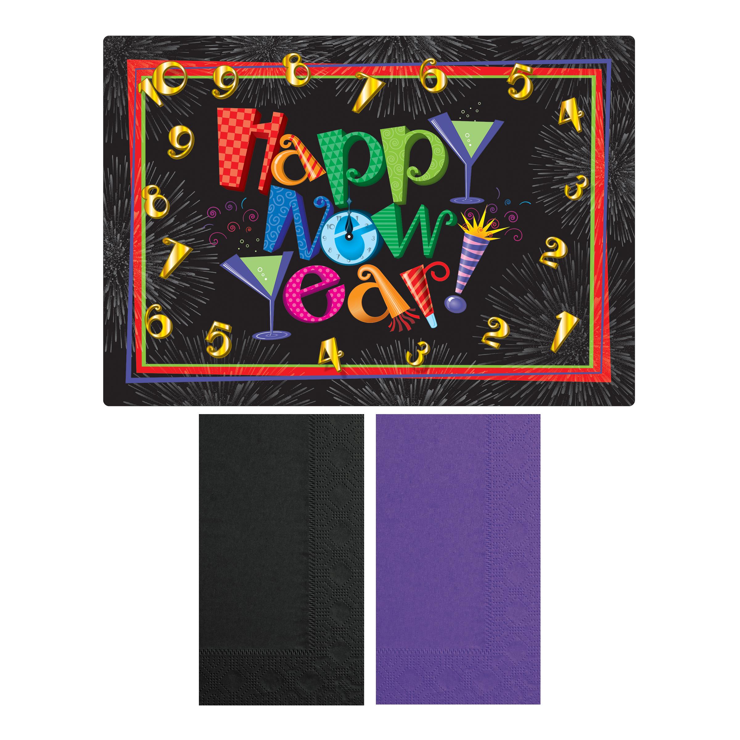 Dinner Napkins Black Purple Happy New Year Paper Combo 500/Case