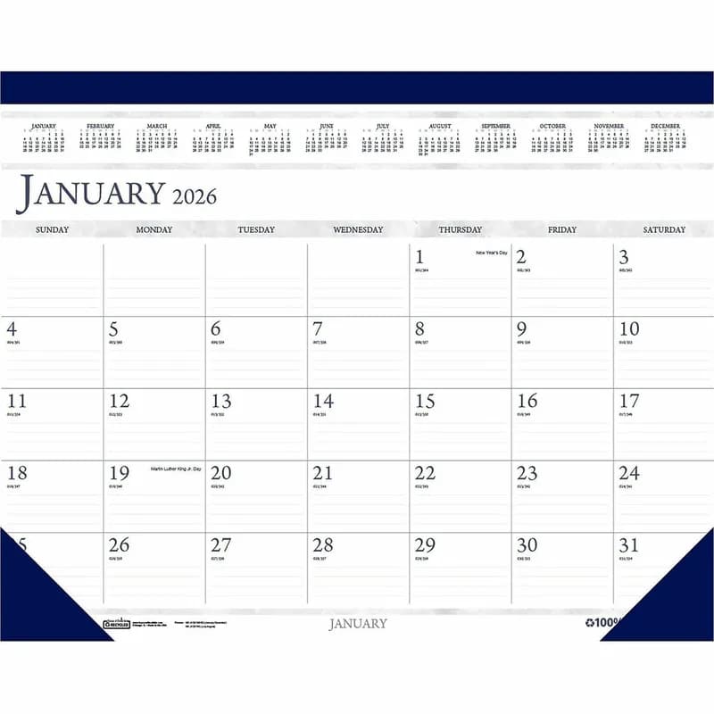 Desk Pad Calendar 22X17 IN Blue Gray Vinyl Paper Perforated 12 Month 1/Each