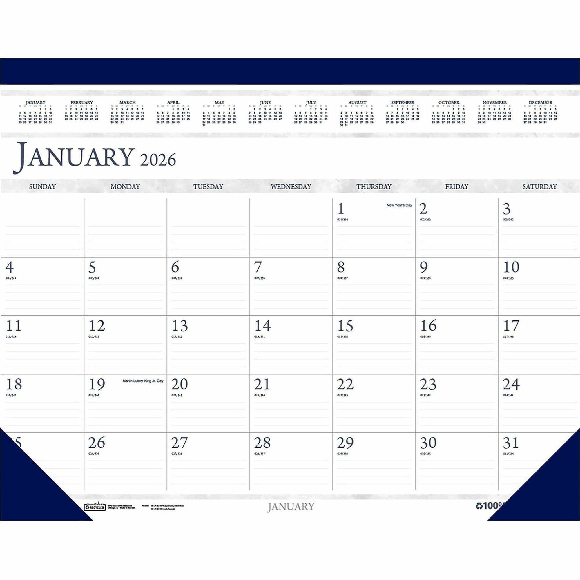 Desk Pad Calendar 22X17 IN Blue Gray Vinyl Paper Perforated 12 Month 1/Each