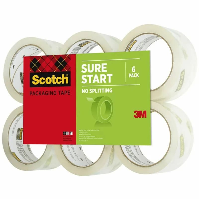 Scotch® Sure Start Packing Tape 1.88IN X54.60YD Clear Synthetic Rubber Resin 2.6MIL With 3 IN Core Diameter 6 Count/Pack
