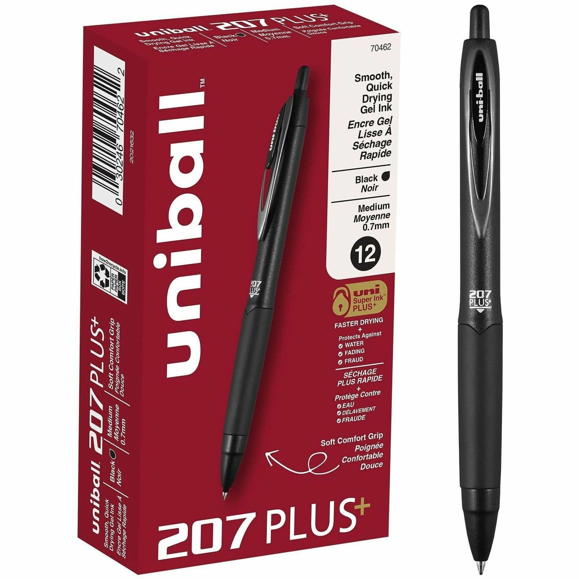 uniball™ 207 Plus+ Gel Pen Gel-Based Nanofiber Rubber 0.7 mm Medium Point Water Resistant Retractable 12 Count/Box
