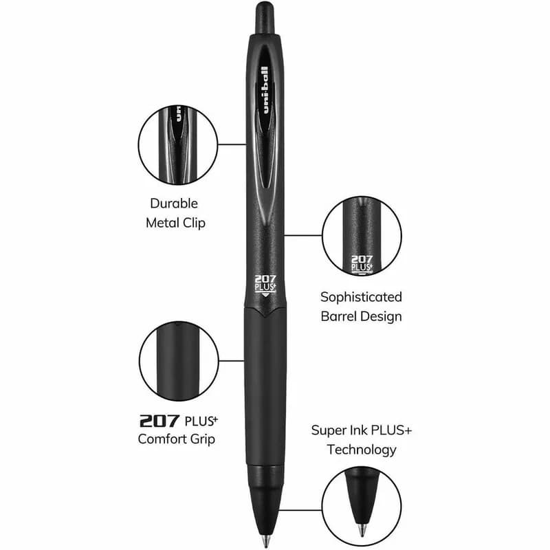 uniball™ 207 Plus+ Gel Pen Gel-Based Nanofiber Rubber 0.7 mm Medium Point Water Resistant Retractable 12 Count/Box