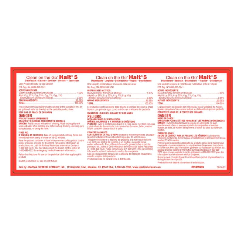 Halt® 5 Clean on the Go® Secondary Product Label Paper 1/Each