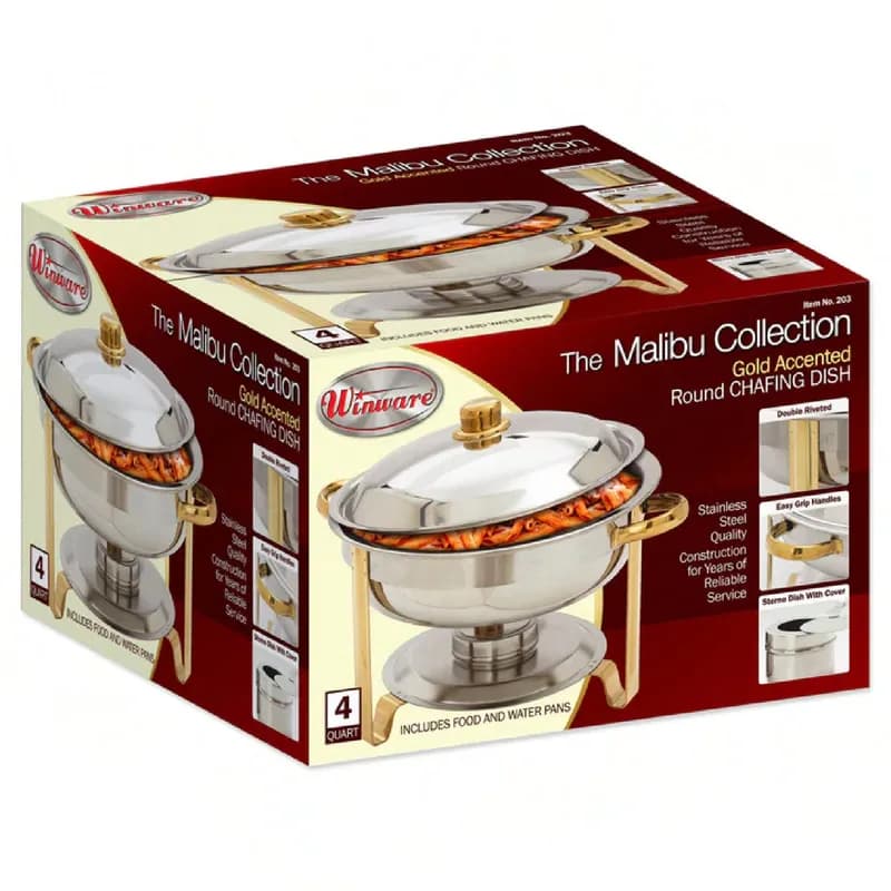 Malibu Collection Chafer 4 QT Stainless Steel Medium Weight Round With Gold Accents Two-Tone Mirror Finish 1/Each