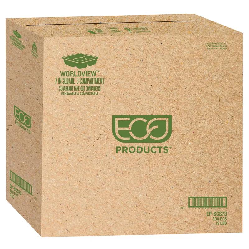 WorldView Take-Out Container Base 7X7X1 IN 3 Compartment Sugarcane White Square 300/Case