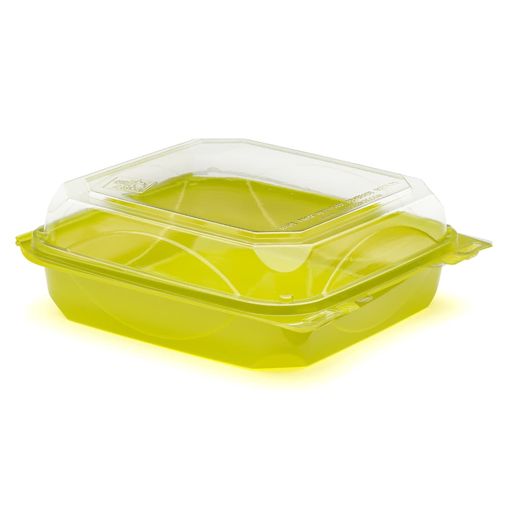 The BOTTLEBOX ® Take-Out Container Hinged With Dome Lid 8.46X7.96X2.88 IN RPET Clear Lime Green Rectangle 200/Case
