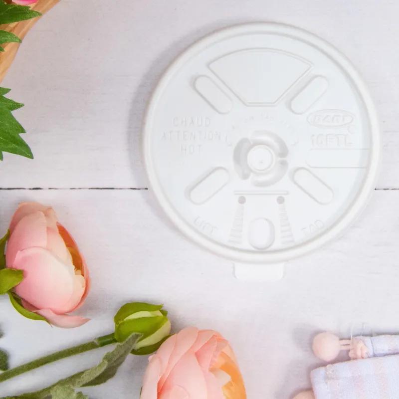 Dart® Lid Flat 3.8X0.4 IN HIPS White For 12-24 OZ Hot Cup Lock Tab Lift Back 100 Count/Pack 10 Packs/Case