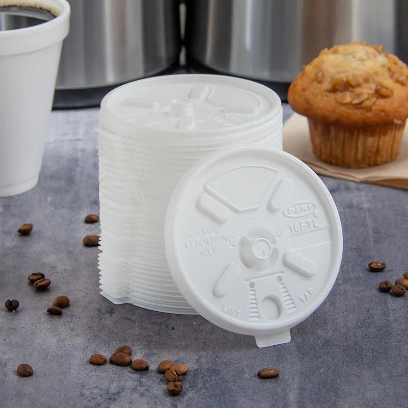 Dart® Lid Flat 3.8X0.4 IN HIPS White For 12-24 OZ Hot Cup Lock Tab Lift Back 100 Count/Pack 10 Packs/Case
