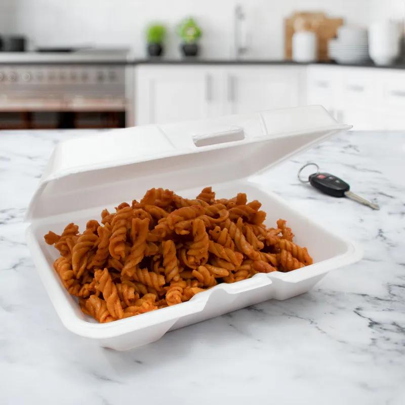 Dart® Take-Out Container Hinged 9.25X6.42X2.9 IN XPS Foam White Insulated 100 Count/Pack 2 Packs/Case 200 Count/Case