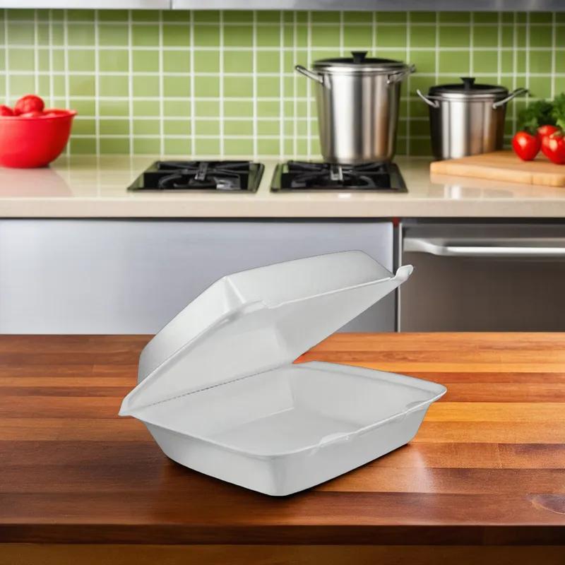 Take-Out Container Hinged 9X9X3 IN Polystyrene Foam White Square Insulated 200/Case