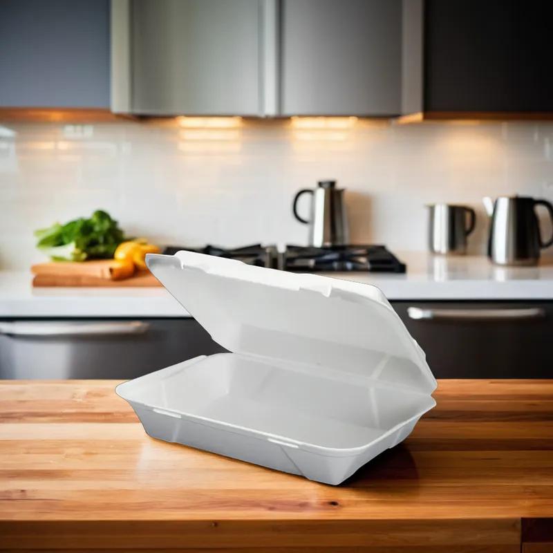 Take-Out Container Hinged 13X10X3.4 IN Polystyrene Foam White Vented 200/Case