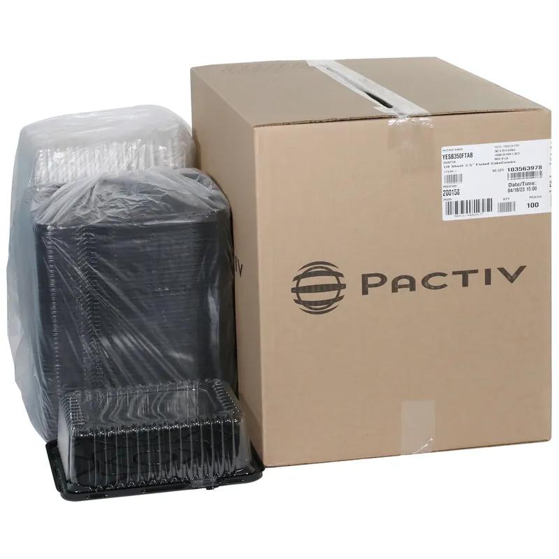 Cake Container & Lid Combo With Dome Lid 1/8 Size 11X9X3.5 IN PET Clear Black Rectangle Fluted 100/Case