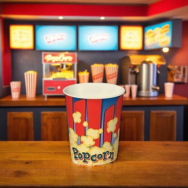Popcorn Bucket & Tub Base 32 OZ Single Wall Poly-Coated Paper Popcorn Print Round 500/Case