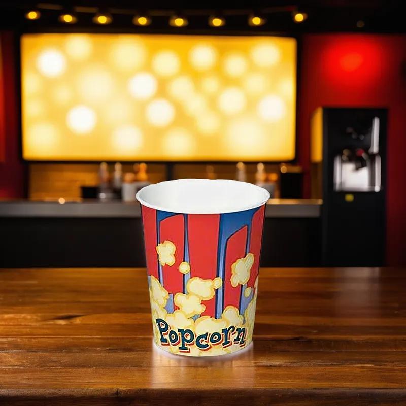 Popcorn Bucket & Tub Base 32 OZ Single Wall Poly-Coated Paper Popcorn Print Round 500/Case