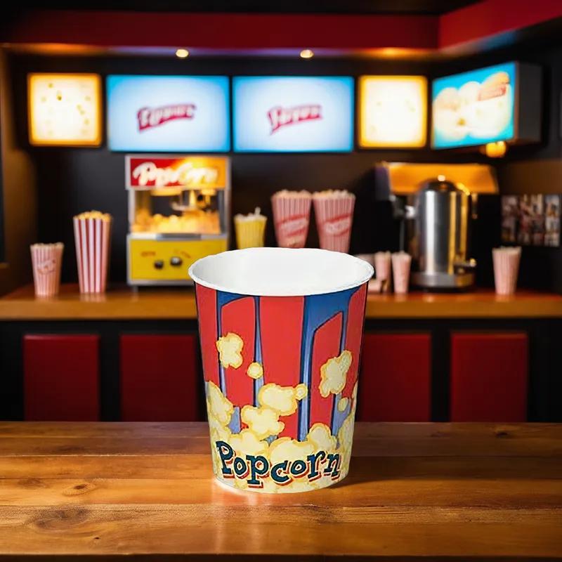 Popcorn Bucket & Tub Base 32 OZ Single Wall Poly-Coated Paper Popcorn Print Round 500/Case