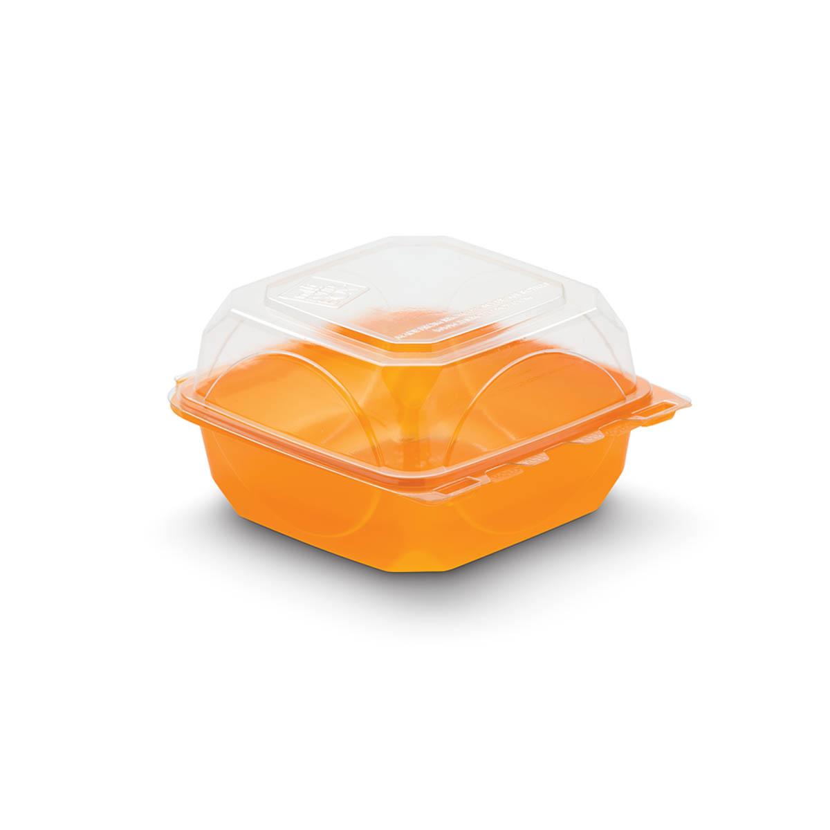 The BOTTLEBOX ® Take-Out Container Hinged With Dome Lid 6X6X3.25 IN RPET Orange Clear Square Squat 250/Case