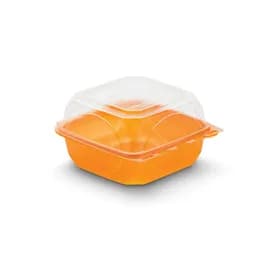 The BOTTLEBOX ® Take-Out Container Hinged With Dome Lid 6X6X3 IN RPET Tangerine Clear Square Squat 250/Case