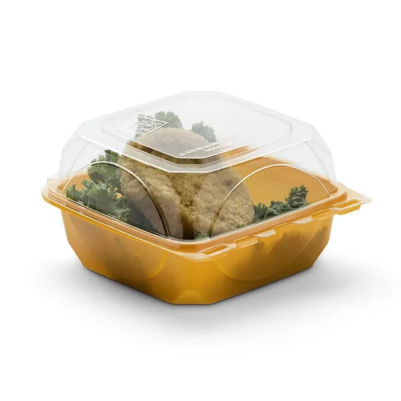 The BOTTLEBOX ® Take-Out Container Hinged With Dome Lid 6X6X3.25 IN RPET Orange Clear Square Squat 250/Case