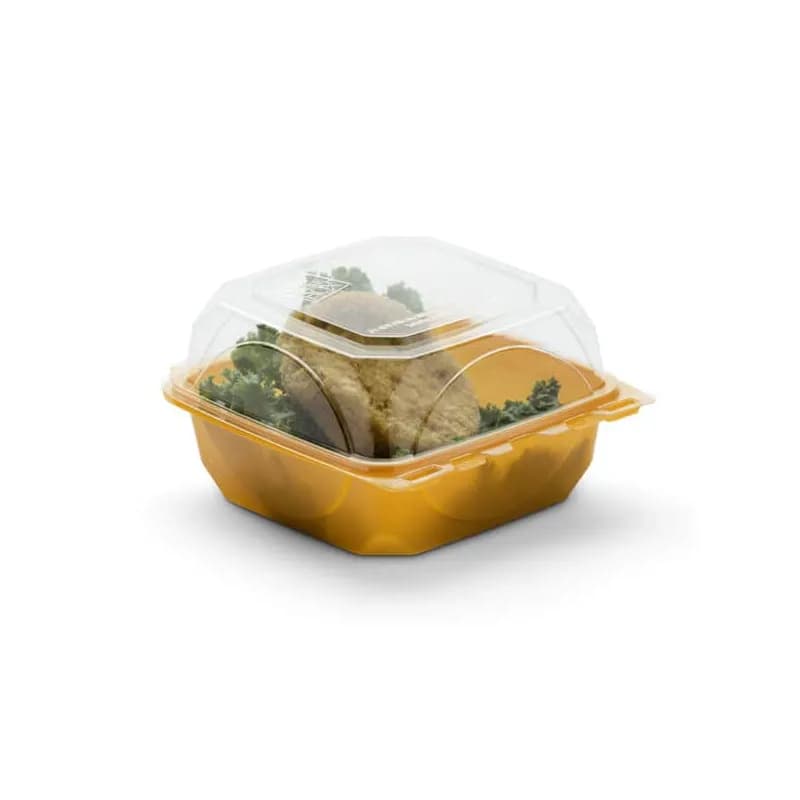 The BOTTLEBOX ® Take-Out Container Hinged With Dome Lid 6X6X3 IN RPET Tangerine Clear Square Squat 250/Case