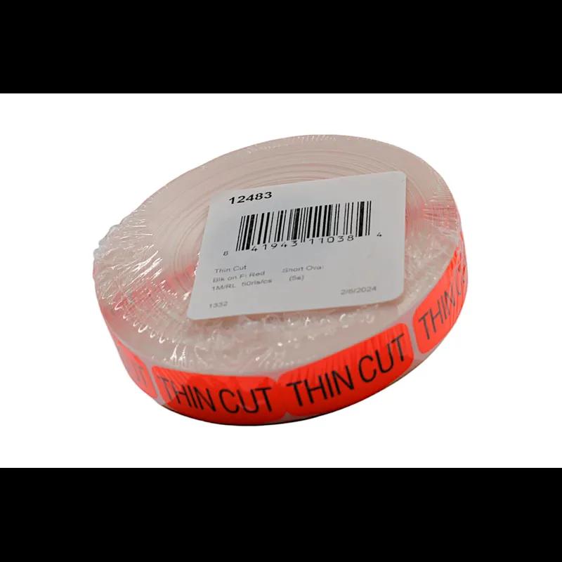 Thin Cut Label Black Fluorescent Red Short Oval Dayglo 1000 Count/Roll 50 Rolls/Case 50000 Count/Case