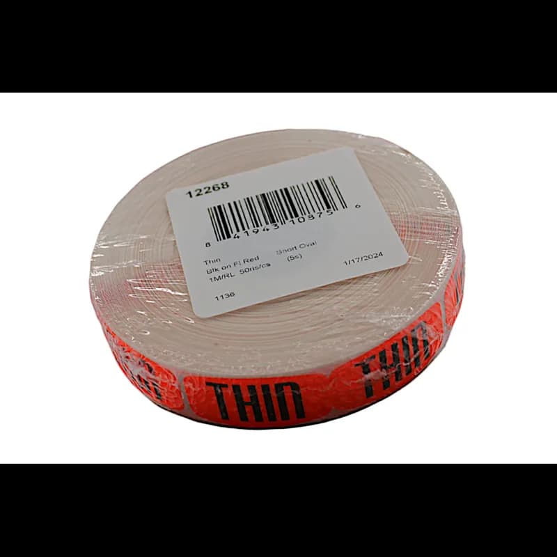 Thin Sliced Label Black Fluorescent Red Short Oval Dayglo 1000 Count/Roll 50 Rolls/Case 50000 Count/Case