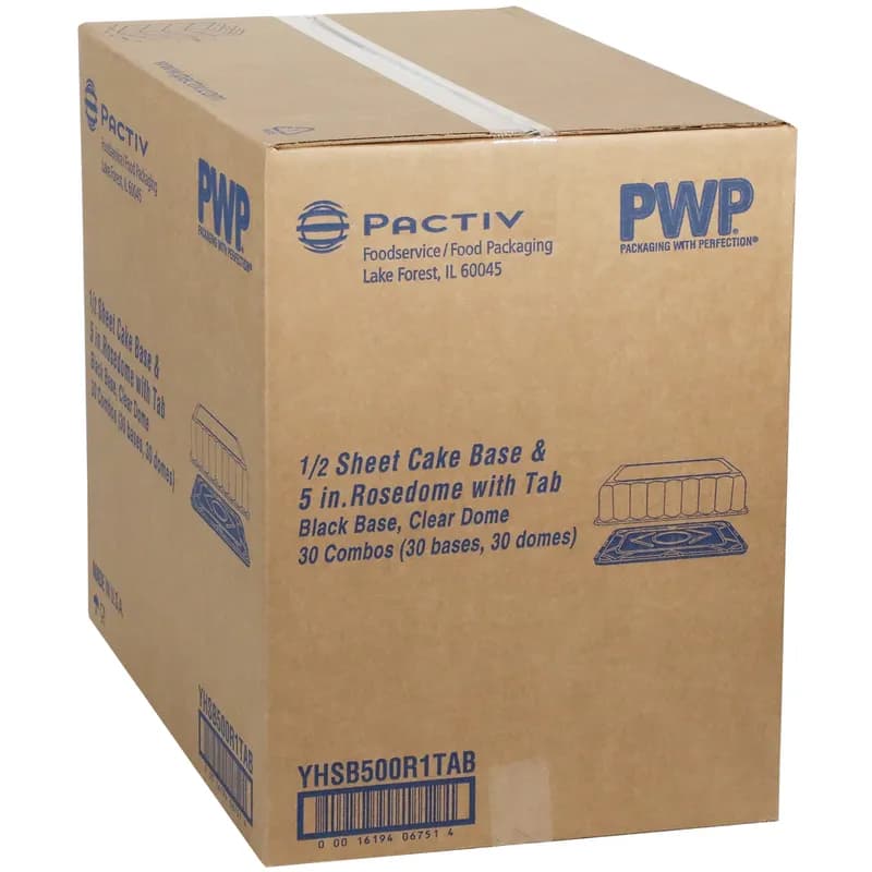RoseDome Cake Container & Lid Combo With Dome Lid 1/2 Size 15X20X5 IN PET Black Clear Rectangle Long Tab 30/Case