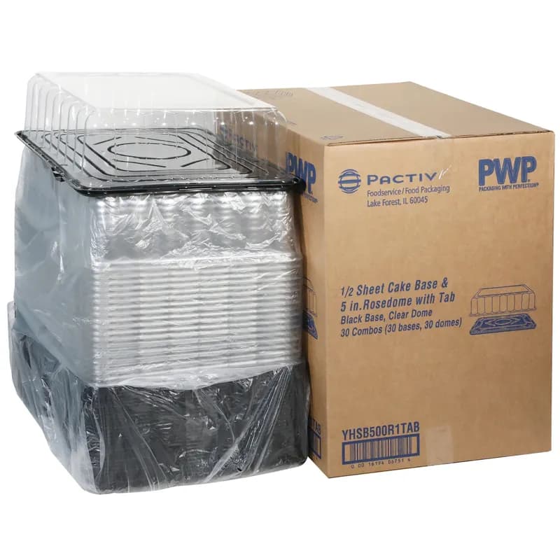 RoseDome Cake Container & Lid Combo With Dome Lid 1/2 Size 15X20X5 IN PET Black Clear Rectangle Long Tab 30/Case