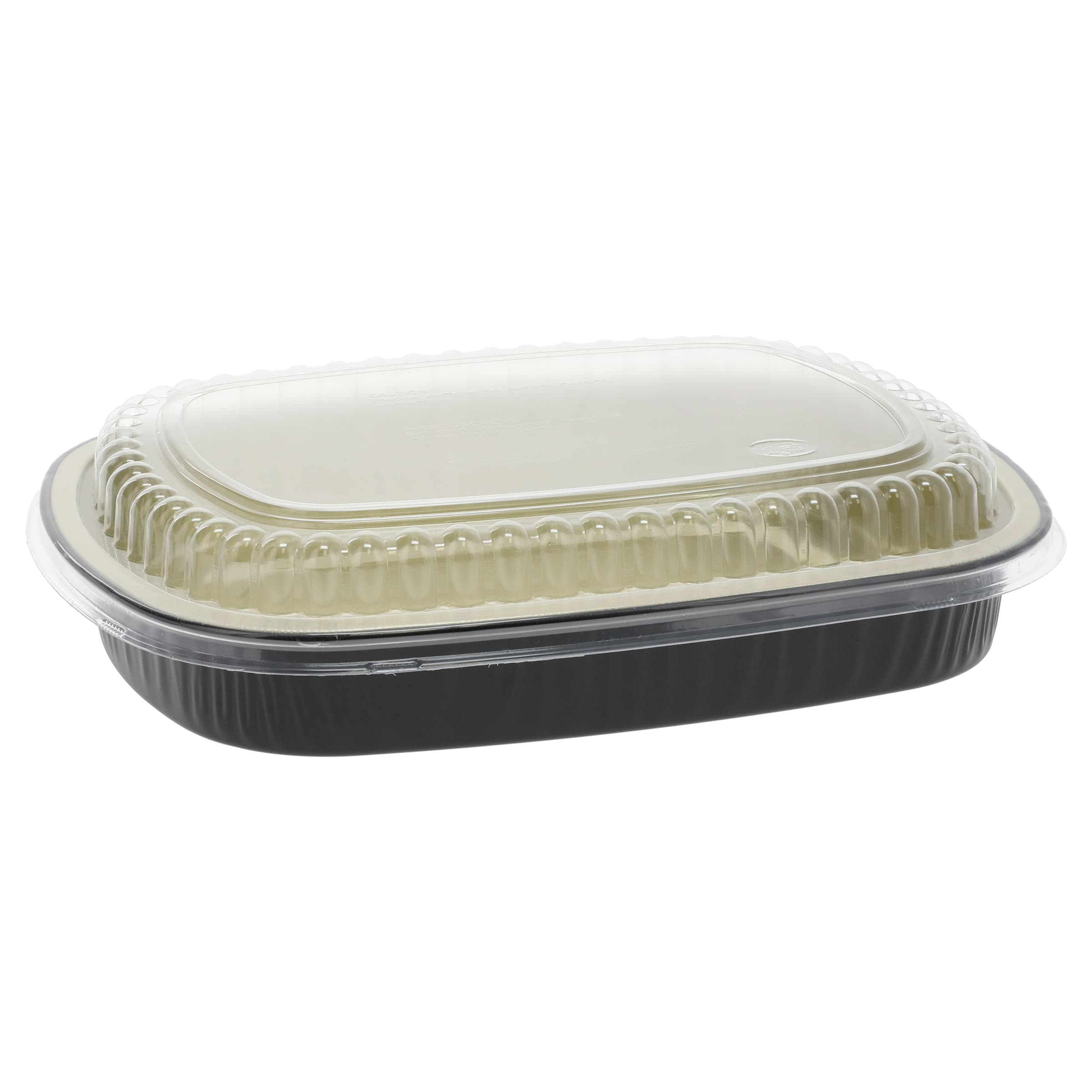 Take-Out Container Base & Lid Combo With Dome Lid Large (LG) 60 OZ Aluminum OPS Black Gold Clear Rectangle 50/Case