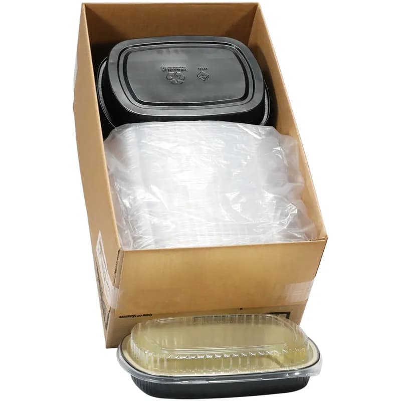 Take-Out Container Base & Lid Combo With Dome Lid Large (LG) 60 OZ Aluminum OPS Black Gold Clear Rectangle 50/Case