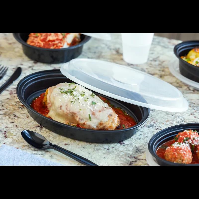 Take-Out Container Base & Lid Combo With Dome Lid 24 OZ PP Black Clear Oval 150/Case