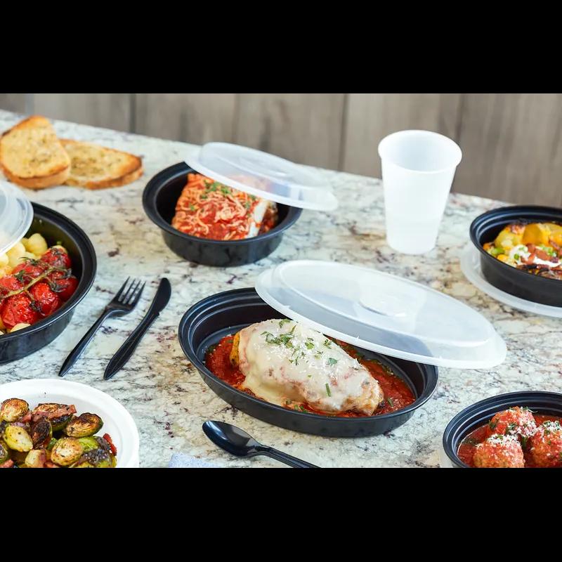 Take-Out Container Base & Lid Combo With Dome Lid 24 OZ PP Black Clear Oval 150/Case