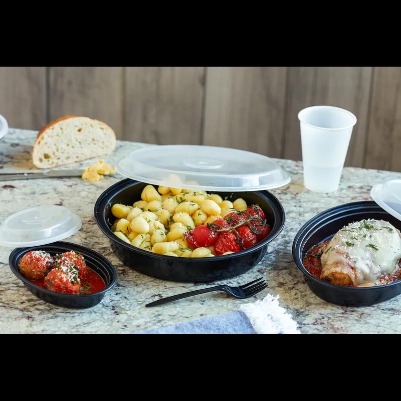 Take-Out Container Base & Lid Combo With Dome Lid 24 OZ PP Black Clear Oval 150/Case