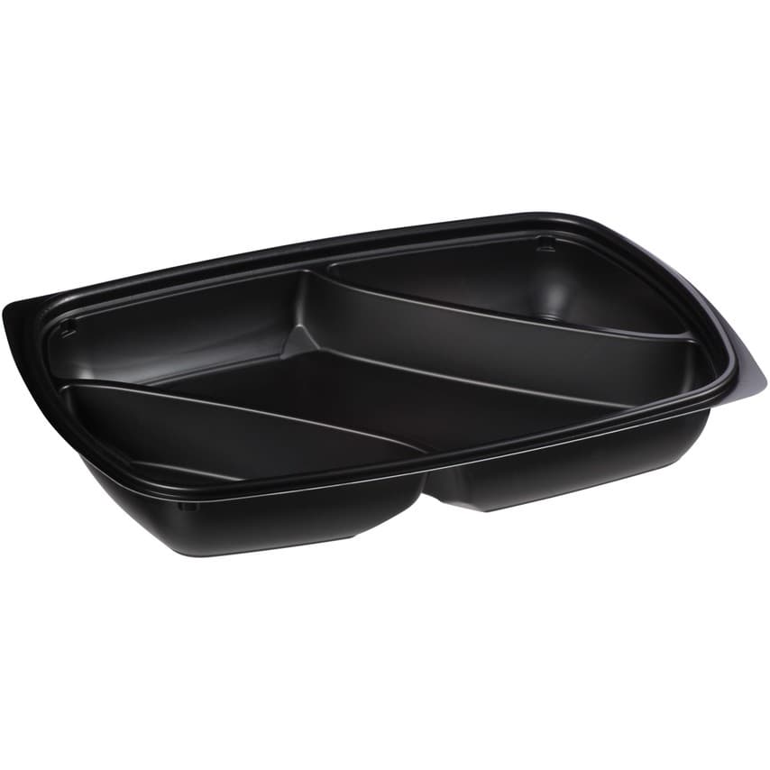 Take-Out Container Base 11X8X1.63 IN 3 Compartment PP Black Rectangle 150/Case