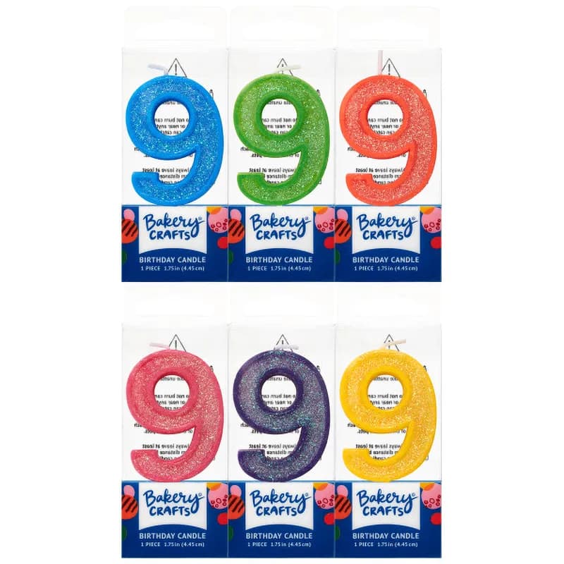Number Candle 1.75 IN Wax Assorted Glitter #9 12/Pack