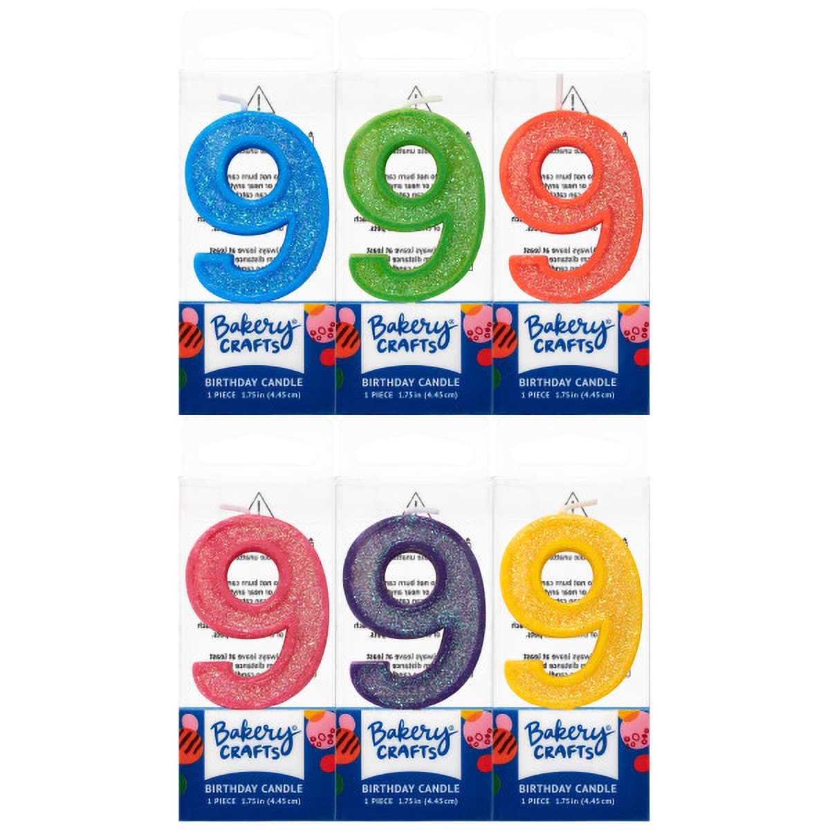 Number Candle 1.75 IN Wax Assorted Glitter #9 12/Pack