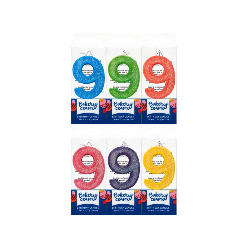 Number Candle 1.75 IN Wax Assorted Glitter #9 12/Pack