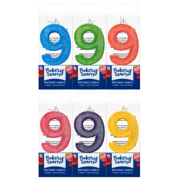 Number Candle 1.75 IN Wax Assorted Glitter #9 12/Pack